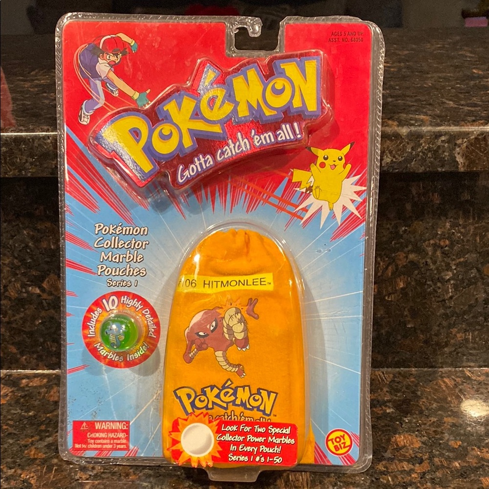 Pokemon Collector Marble Pouch with 10 Marbles featuring Hitmonlee on Pouch